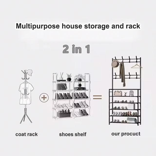 2-in-1 Shoe & Clothes Organizer | Multi-Layer Carbon Steel Coat Rack with Shoe Shelf | Space-Saving Storage Solution