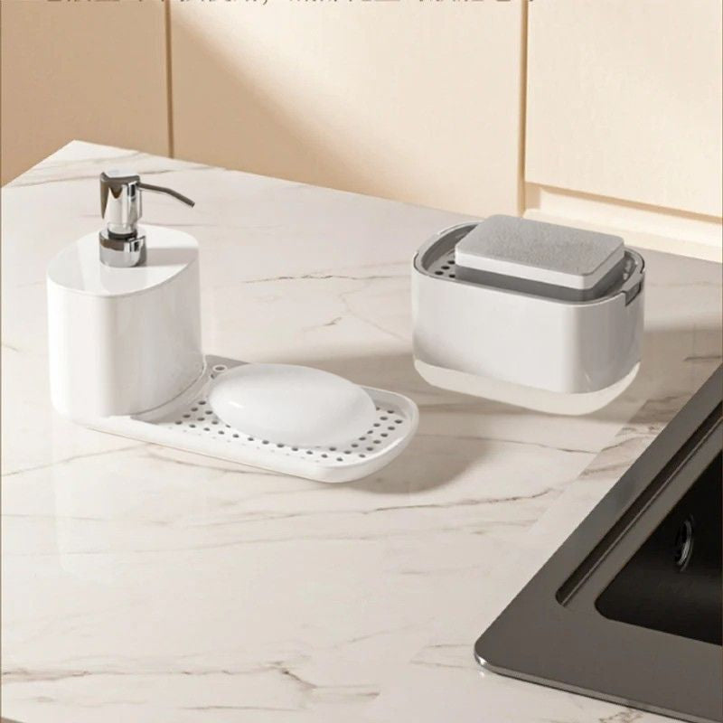 Distributeur de savon et porte-éponge de cuisine 2 en 1 – Pompe à savon de comptoir à pression d'une seule main – Distributeur de liquide grande capacité sans BPA pour l'organisation de l'évier de cuisine