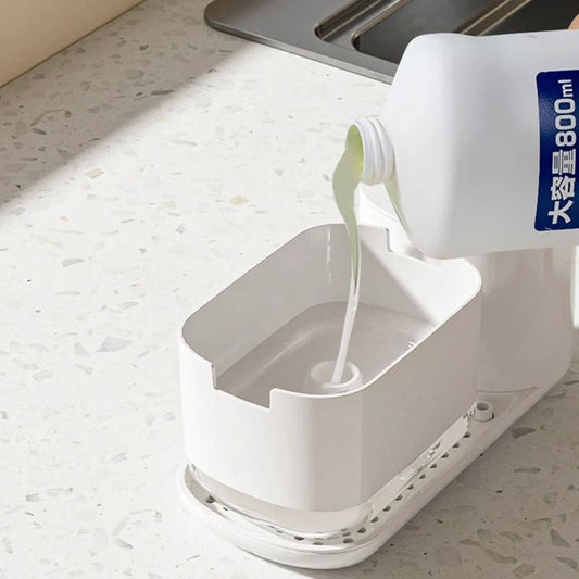 2-in-1 Kitchen Dish Soap Dispenser and Sponge Holder – One-Hand Press Countertop Soap Pump – BPA-Free Large Capacity Liquid Dispenser for Kitchen Sink Organization