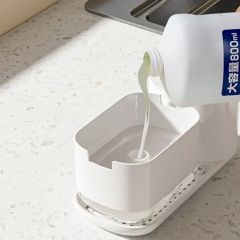 Distributeur de savon et porte-éponge de cuisine 2 en 1 – Pompe à savon de comptoir à pression d'une seule main – Distributeur de liquide grande capacité sans BPA pour l'organisation de l'évier de cuisine