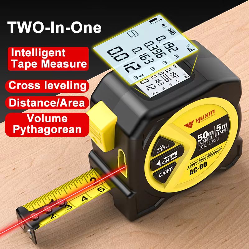 2-in-1 Laser Tape Measure 50m/5m – High Precision Digital Laser Distance Meter with 5m Steel Tape, LCD Backlit Display (±2mm, Model AC-90)