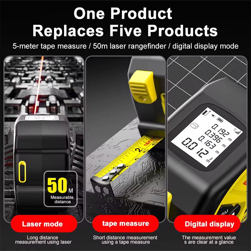 Mètre ruban laser 2 en 1 50m/5m – Télémètre laser numérique de haute précision avec ruban en acier de 5m, écran LCD rétroéclairé (±2mm, modèle AC-90)