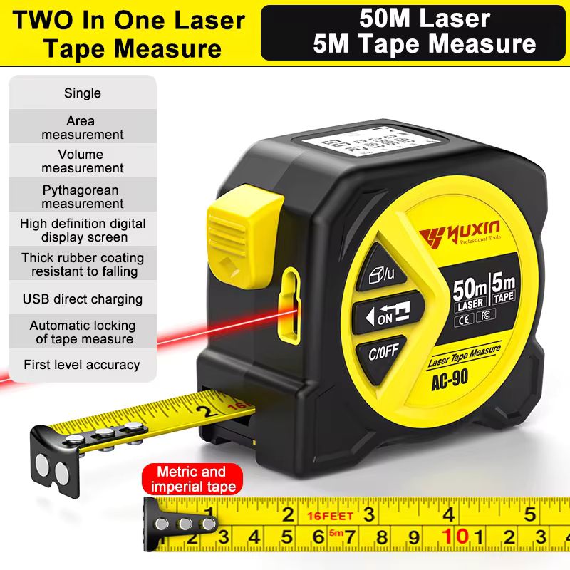 Mètre ruban laser 2 en 1 50m/5m – Télémètre laser numérique de haute précision avec ruban en acier de 5m, écran LCD rétroéclairé (±2mm, modèle AC-90)