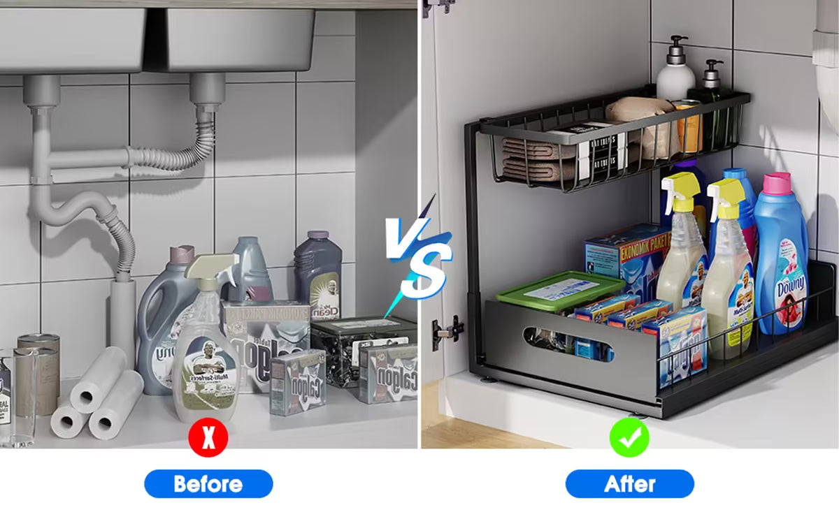 2-Tier Sliding Under Sink Cabinet Organizer – Multi-Purpose Pull-Out Basket for Bathroom & Kitchen Storage