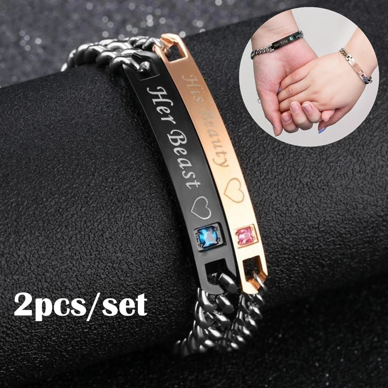 Ensemble de 2 bracelets pour couple en acier inoxydable La Belle et la Bête (EGBT347)