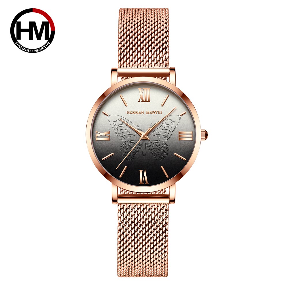 2021New Women s Watch Luxury 3D Butterfly Rose Gold Mesh Strap Japanese Movement Waterproof Quartz Women 1