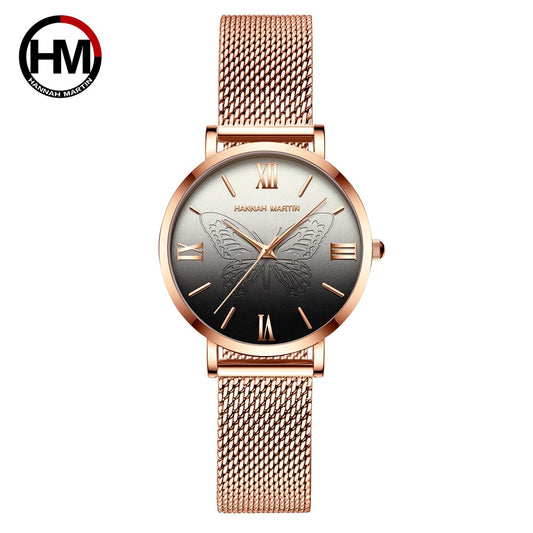 2021New Women s Watch Luxury 3D Butterfly Rose Gold Mesh Strap Japanese Movement Waterproof Quartz Women 1