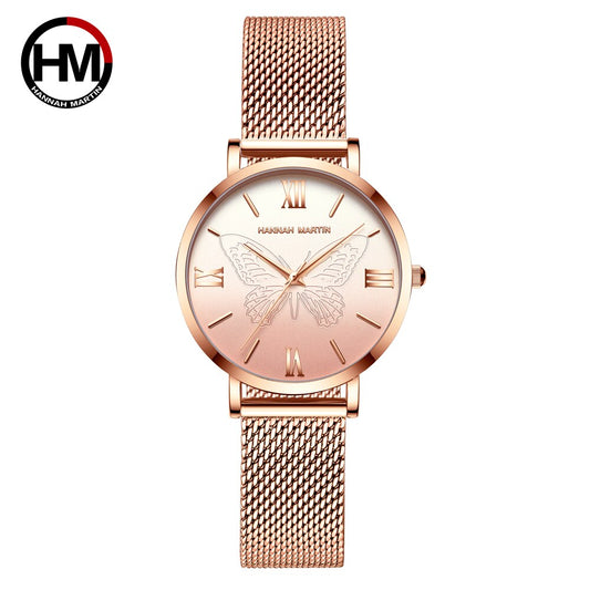 2021New Women s Watch Luxury 3D Butterfly Rose Gold Mesh Strap Japanese Movement Waterproof Quartz Women