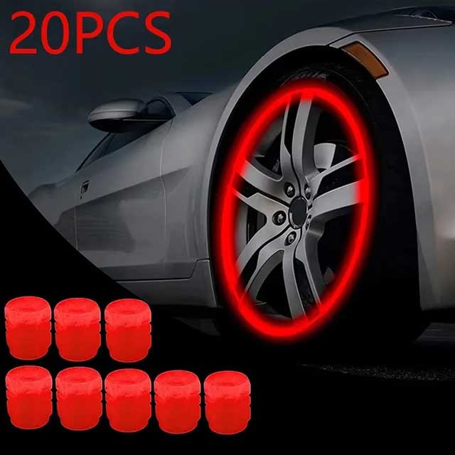 4PCS Luminous Valve Caps – Fluorescent Red Night Glow Tire Hub Covers for Car, Motorcycle & Bicycle | Universal Wheel Decoration
