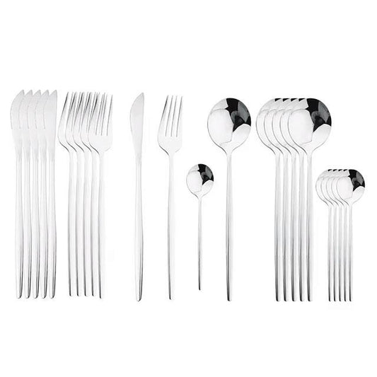 24PCS Black Handle Silver Cutlery Set – Stainless Steel Flatware with Knife, Fork &amp; Spoon for Dining &amp; Gift