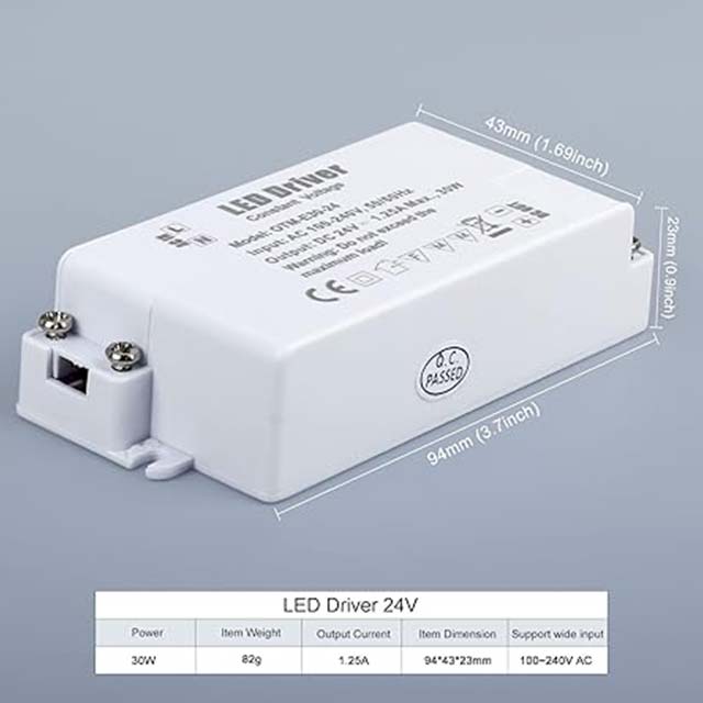 24V LED Driver 30W Power Supply - 1.25A AC to DC Transformer, Constant Voltage Switching PSU Adapter for LED Light Strips, MR11 GU5.3 LED Bulbs, Low Voltage LED Transformers