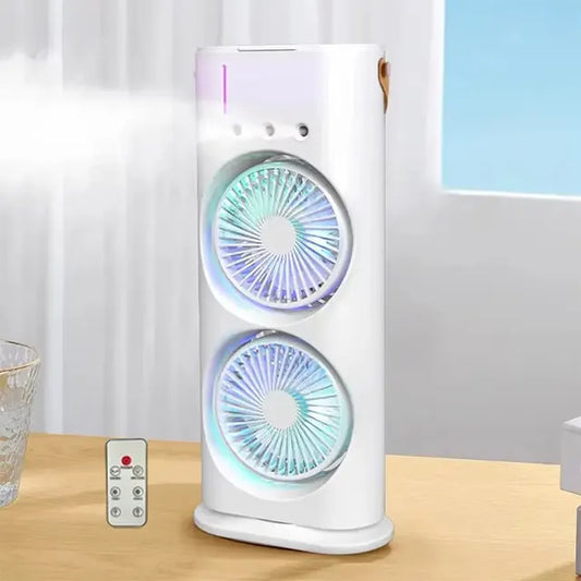 Double Head Rechargeable Spray Fan – Portable USB Cooling Fan with Dual Fans, Mist Spray, Remote Control & LED Light