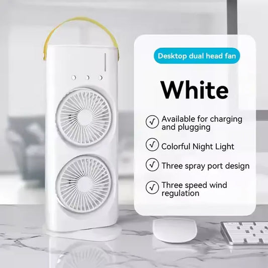 Double Head Rechargeable Spray Fan – Portable USB Cooling Fan with Dual Fans, Mist Spray, Remote Control & LED Light