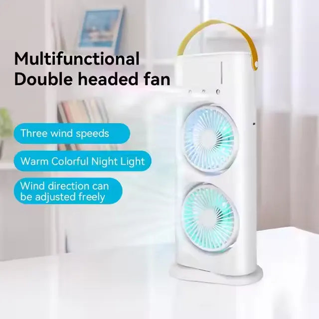 Double Head Rechargeable Spray Fan – Portable USB Cooling Fan with Dual Fans, Mist Spray, Remote Control & LED Light