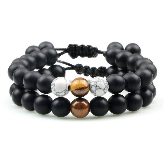 2Pcs Adjustable Braided Natural Stone Beads Bracelets Bangles For Couples Women Men Tiger Eye Lava Bracelet 4 2