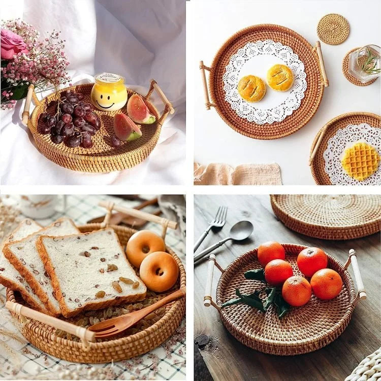 Plateau de service rond en rotin avec poignées – Plateau décoratif pour le petit-déjeuner, les collations et les boissons