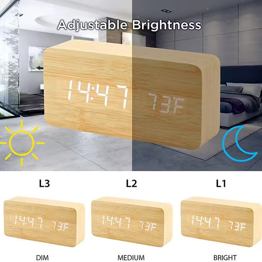 Réveil numérique en bois avec affichage LED – Horloge de bureau avec température pour le bureau et la table de chevet