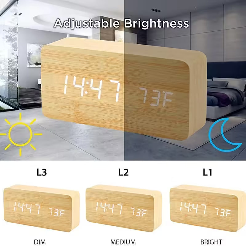 Réveil numérique en bois avec affichage LED – Horloge de bureau avec température pour le bureau et la table de chevet