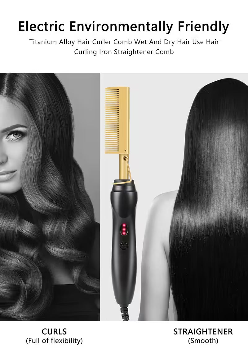 2 in 1 Electric Hot Comb Hair Straightener Curler - Wet Dry Hair Iron for Styling - Straightening Brush Hair Styling Tool