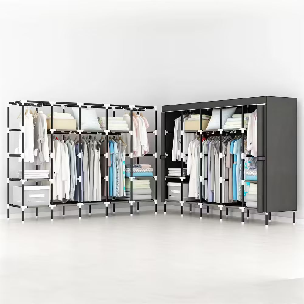 Organize with Ease: LEEGOHOME 64in/80in Fabric Wardrobe Closet with Storage Shelves & Hanging Rods