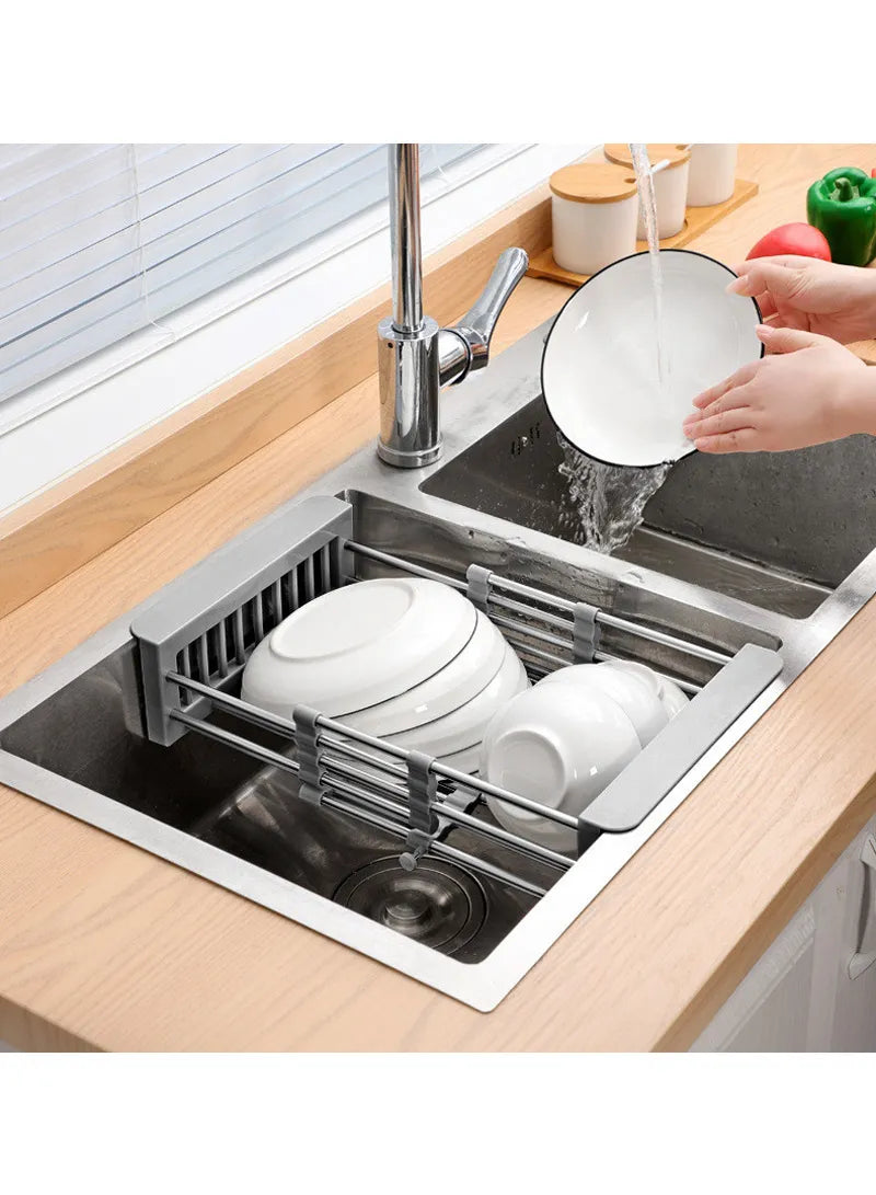 Égouttoir télescopique d'évier en acier inoxydable – Organisateur de cuisine rétractable pour ustensiles et rangement