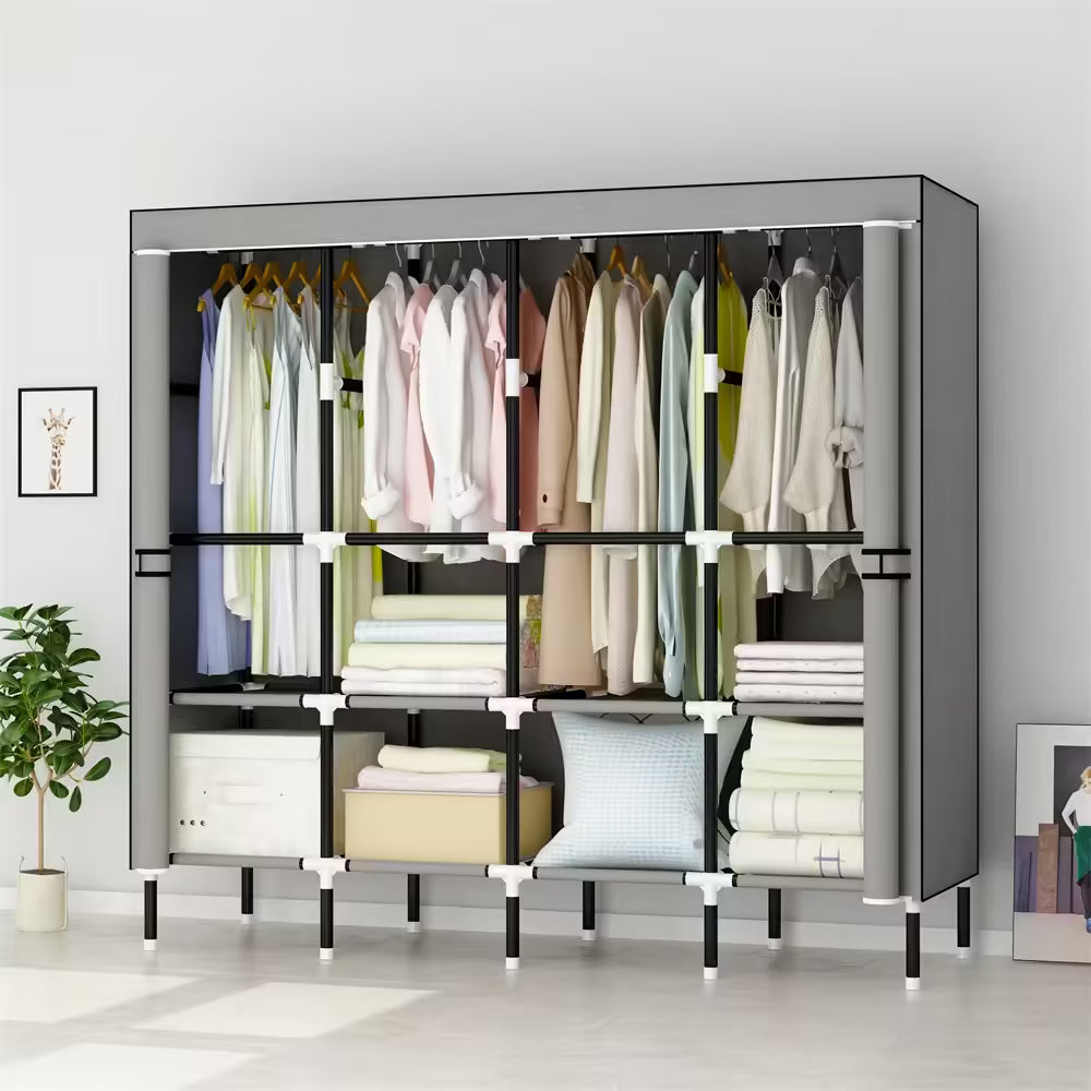 Organize with Ease: LEEGOHOME 64in/80in Fabric Wardrobe Closet with Storage Shelves & Hanging Rods