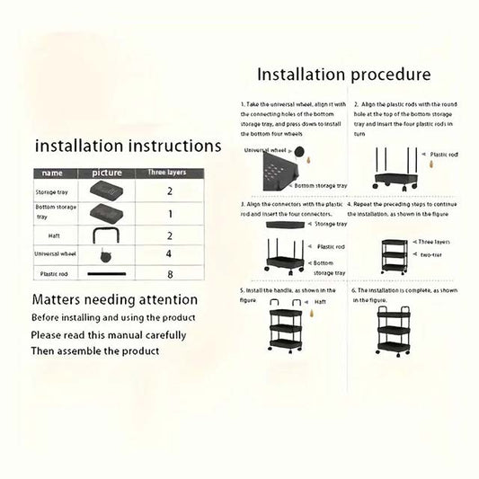 3-Layer Trolley Rack with Wheels - Multi-Purpose Storage Cart for Kitchen, Living Room, Bedroom & Bedside Organization