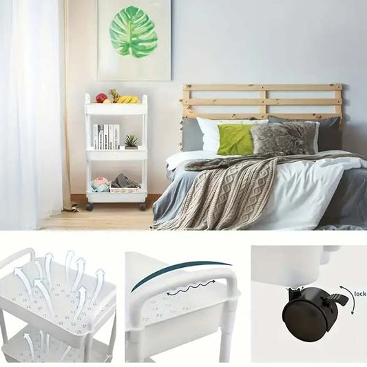 3-Layer Trolley Rack with Wheels - Multi-Purpose Storage Cart for Kitchen, Living Room, Bedroom & Bedside Organization