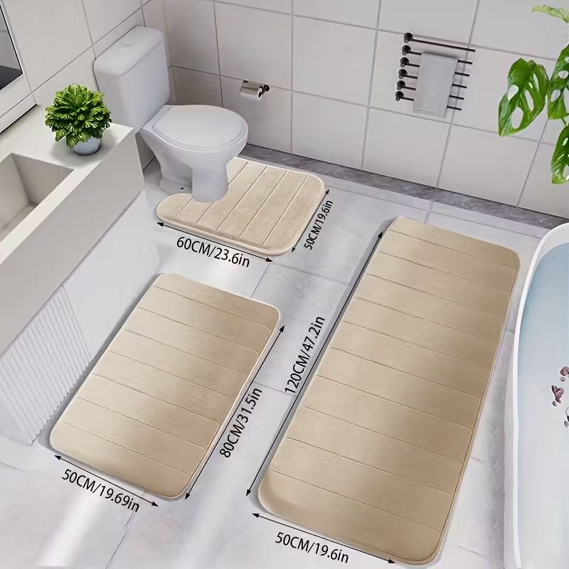 Memory Foam Bath Mat Set – Ultra-Soft & Thick Non-Slip Bathroom Rugs – Quick-Drying Machine-Washable Polyester Mats Including U-Shaped Toilet Rug and Extra-Long Runner