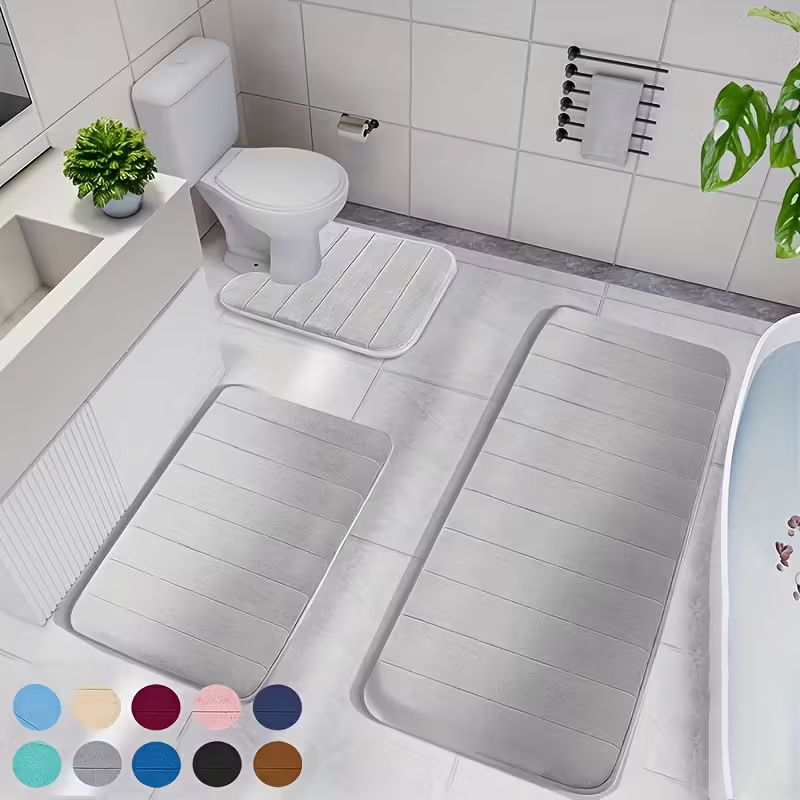 Ensemble de tapis de bain en mousse à mémoire de forme – Tapis de salle de bain antidérapants ultra doux et épais – Tapis en polyester à séchage rapide lavables en machine, comprenant un tapis de toilette en forme de U et un tapis de couloir extra-long