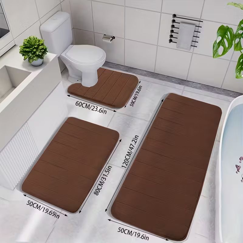 Memory Foam Bath Mat Set – Ultra-Soft & Thick Non-Slip Bathroom Rugs – Quick-Drying Machine-Washable Polyester Mats Including U-Shaped Toilet Rug and Extra-Long Runner