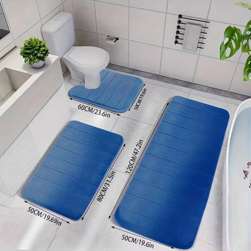 Ensemble de tapis de bain en mousse à mémoire de forme – Tapis de salle de bain antidérapants ultra doux et épais – Tapis en polyester à séchage rapide lavables en machine, comprenant un tapis de toilette en forme de U et un tapis de couloir extra-long