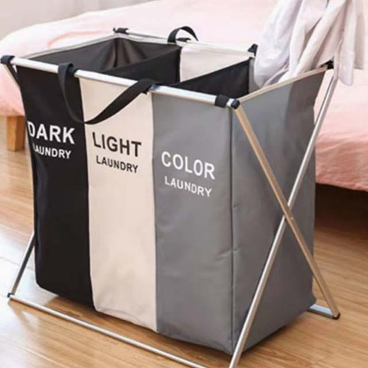 3-Section Foldable Laundry Sorter Basket - Metal & PVC with Waterproof Oxford Bags, Aluminum Frame for Home & Dormitory Clothes Storage