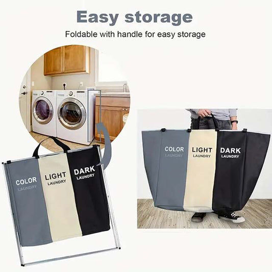 3-Section Foldable Laundry Sorter Basket - Metal & PVC with Waterproof Oxford Bags, Aluminum Frame for Home & Dormitory Clothes Storage