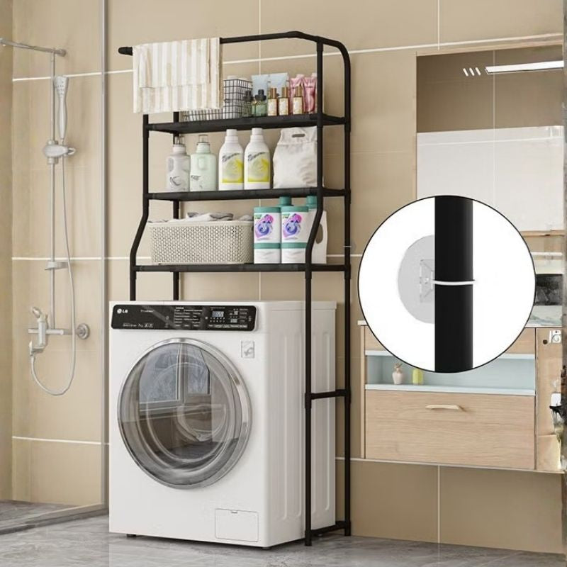 3-Tier Over-the-Toilet & Washing Machine Storage Rack – Multi-Functional Laundry Room Organizer with Hanging Rod – Heavy-Duty Space-Saving Shelf for Bathroom & Laundry – Stable Floor-to-Ceiling Design (Black/White)