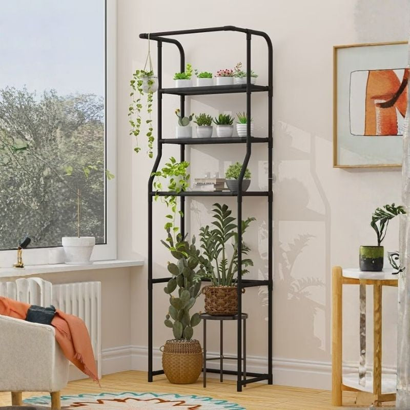 3-Tier Over-the-Toilet & Washing Machine Storage Rack – Multi-Functional Laundry Room Organizer with Hanging Rod – Heavy-Duty Space-Saving Shelf for Bathroom & Laundry – Stable Floor-to-Ceiling Design (Black/White)