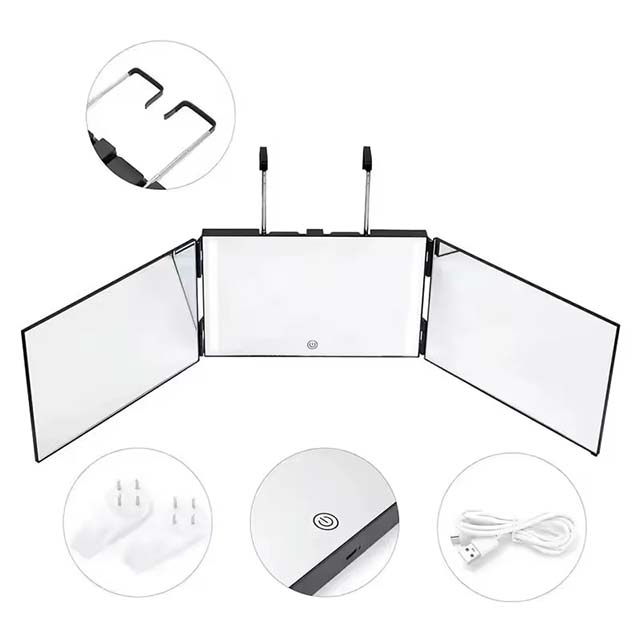 360° Trifold Self Haircut Mirror with LED Lights – Rechargeable & Height Adjustable for DIY Hair Cutting