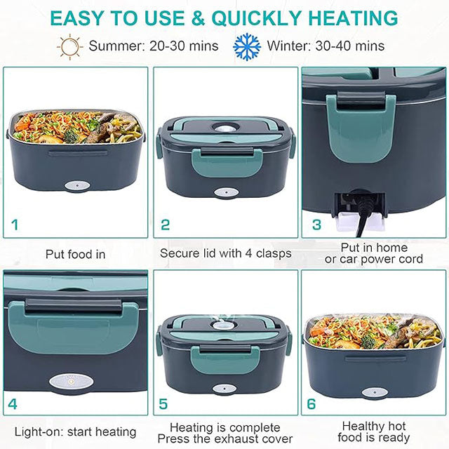 3-in-1 Electric Lunch Box Food Warmer – 60W High-Power Portable Food Heater for Car, Truck & Home (12V/24V/110V) with Detachable 304 Stainless Steel Container, Fork & Spoon