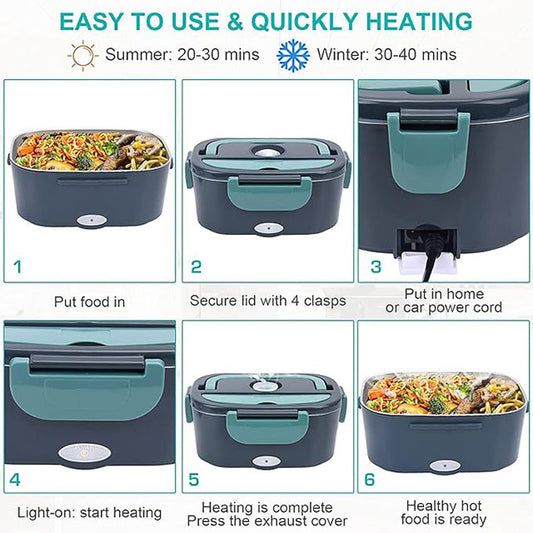 3-in-1 Electric Lunch Box Food Warmer – 60W High-Power Portable Food Heater for Car, Truck & Home (12V/24V/110V) with Detachable 304 Stainless Steel Container, Fork & Spoon