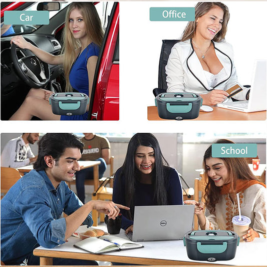 3-in-1 Electric Lunch Box Food Warmer – 60W High-Power Portable Food Heater for Car, Truck & Home (12V/24V/110V) with Detachable 304 Stainless Steel Container, Fork & Spoon