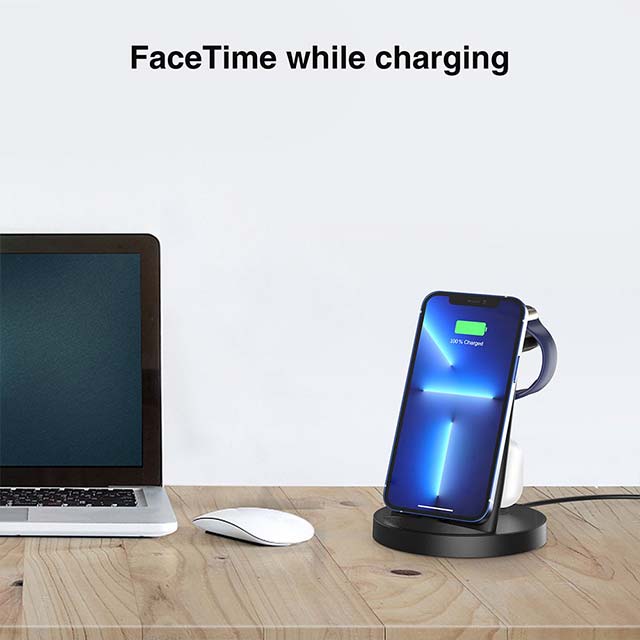 3-in-1 Fast Wireless Charging Dock for iPhone, Apple Watch &amp; AirPods – Multi-Device Charging Station Compatible with iPhone 14/13/12/11 Pro, X Max, XS, XR, 8, 7 Plus &amp; Apple Watch Series 7/6/SE/5/4/3/2 with Adapter