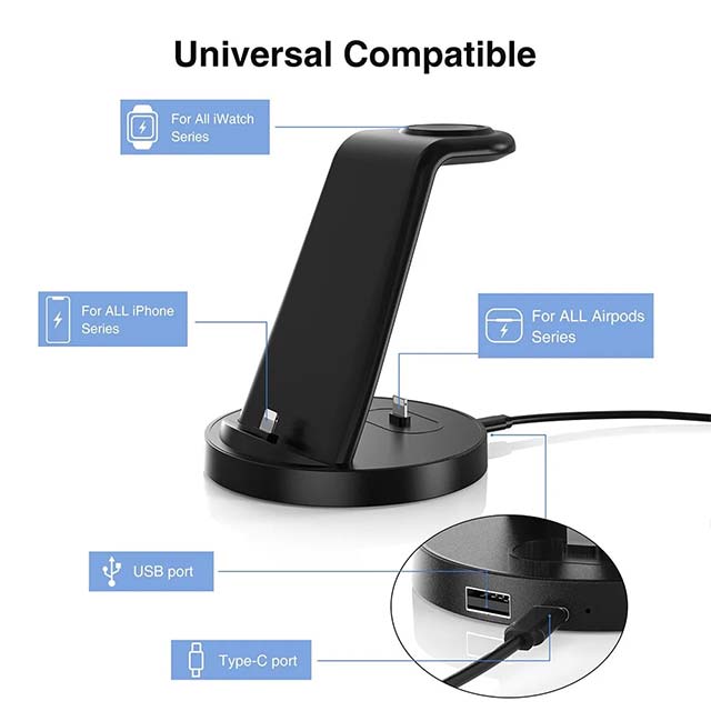 3-in-1 Fast Wireless Charging Dock for iPhone, Apple Watch &amp; AirPods – Multi-Device Charging Station Compatible with iPhone 14/13/12/11 Pro, X Max, XS, XR, 8, 7 Plus &amp; Apple Watch Series 7/6/SE/5/4/3/2 with Adapter