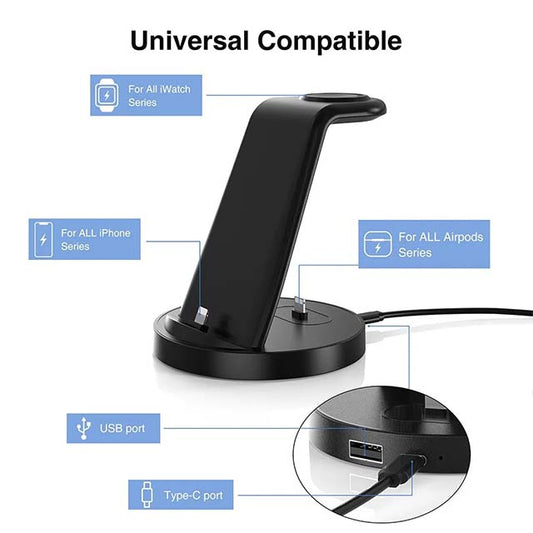 3-in-1 Fast Wireless Charging Dock for iPhone, Apple Watch &amp; AirPods – Multi-Device Charging Station Compatible with iPhone 14/13/12/11 Pro, X Max, XS, XR, 8, 7 Plus &amp; Apple Watch Series 7/6/SE/5/4/3/2 with Adapter