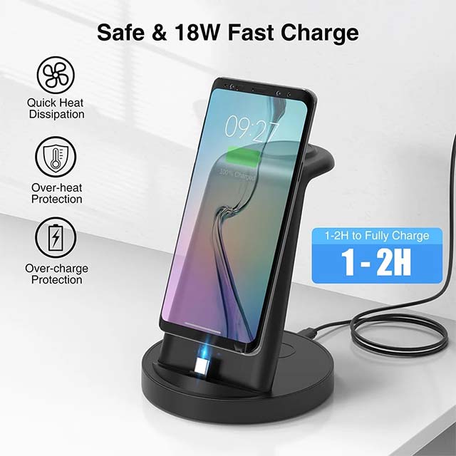 3-in-1 Fast Wireless Charging Dock for iPhone, Apple Watch &amp; AirPods – Multi-Device Charging Station Compatible with iPhone 14/13/12/11 Pro, X Max, XS, XR, 8, 7 Plus &amp; Apple Watch Series 7/6/SE/5/4/3/2 with Adapter