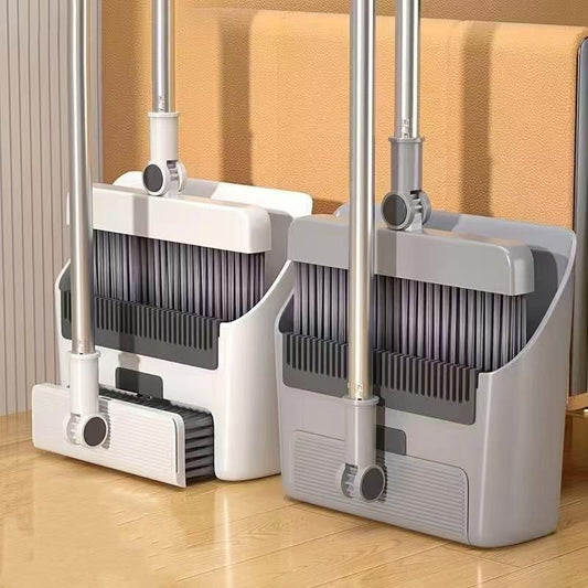 4-in-1 Professional Broom & Dustpan Set – Encrypted Thickened Soft Bristles – Integrated Comb Teeth & Mop-Friendly Design – Space-Saving Vertical Storage (White/Gray)