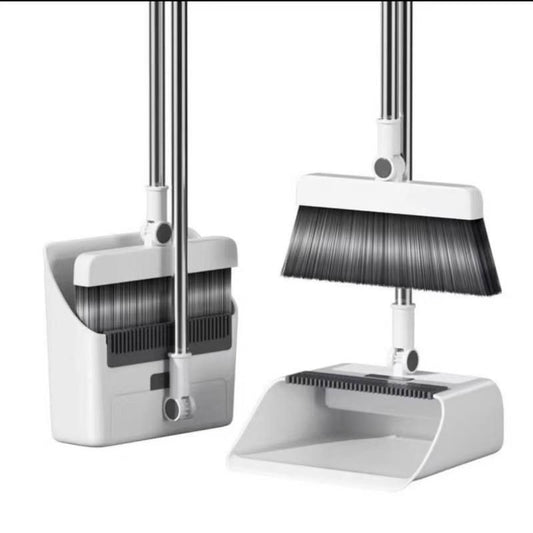 4-in-1 Professional Broom & Dustpan Set – Encrypted Thickened Soft Bristles – Integrated Comb Teeth & Mop-Friendly Design – Space-Saving Vertical Storage (White/Gray)