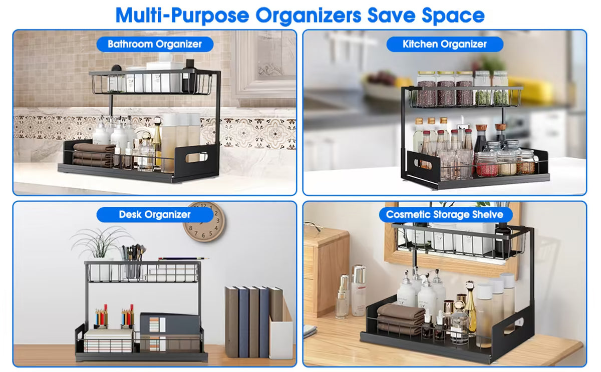 Organisateur de placard sous évier à 2 niveaux coulissant – Panier coulissant multifonctionnel pour le rangement de la salle de bain et de la cuisine