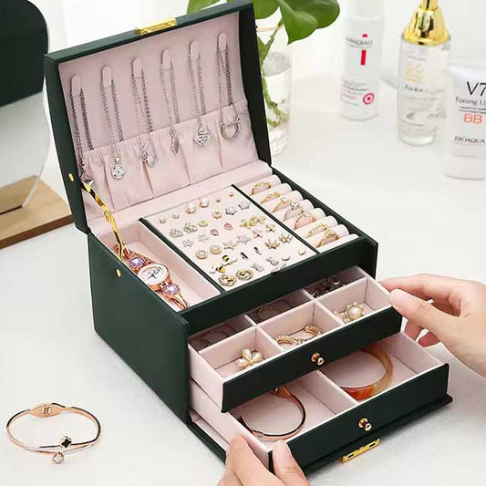 3-Layer Large Capacity Jewelry Storage Box – Beaded Pearl Necklace, Bracelet, Ring, Earrings, and Watch Organizer