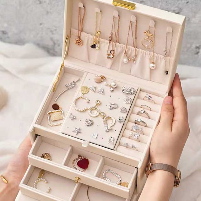 3-Layer Large Capacity Jewelry Storage Box – Beaded Pearl Necklace, Bracelet, Ring, Earrings, and Watch Organizer