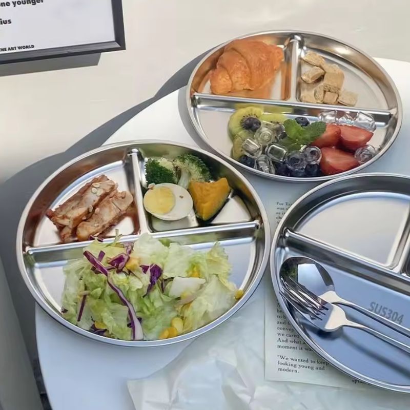 Assiettes à portions en acier inoxydable 304 - Plateaux alimentaires ronds divisés de 9 pouces pour enfants et adultes